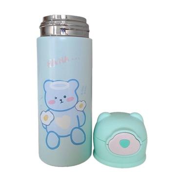 Imagem de Garrafa Térmica De Ursinho Verde Infantil Com Canudo De Silicone E Trava 420ml Em Aço Inoxidável