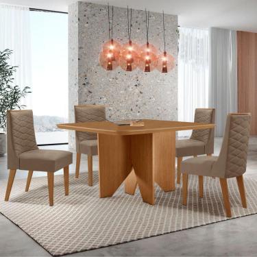 Imagem de Mesa Evora 90 Mdf Canto Copo E Com 4 Cadeiras Safira Veludo Capuccino Naturalle