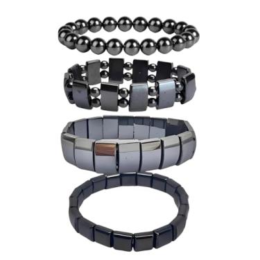 Imagem de Kit 4 Pulseira Hematita Emagrecimento Saúde Elástica Modelos Geometricos Pedra Bruta Natural