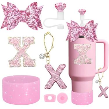 Imagem de Conjunto de acessórios de copo Stanley de 7 peças, pingente de letra para copos Stanley, incluindo canudo de diamante, canudo de laço, bota de silicone brilhante para Owala 850 g e 1,134 g (rosa X)