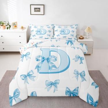 Imagem de Erosebridal Conjunto de edredom casal com laço azul claro para meninas, princesa, com 2 fronhas, letra D, fofo, kawaii, para decoração de quarto de crianças e adolescentes