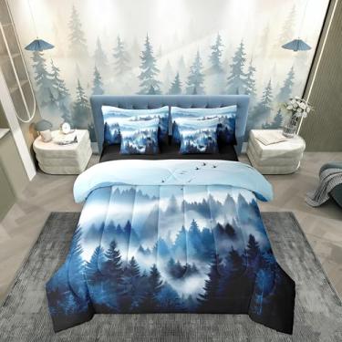 Imagem de Erosebridal Conjunto de cama casal com 7 peças de montanha mistrica, árvores azuis e pretas em uma bolsa, cenário de aquarela, conjunto de cama inclui edredom, conjunto de lençol, fronhas e fronhas