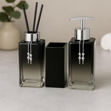 Imagem de Kit Lavabo Banheiro Luxo Square com Difusor, Sabonete Líquido e Porta Escova de Vidro(Preto Degrade C/Prata)