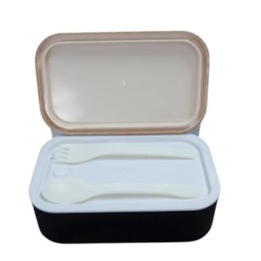 Imagem de Marmiteira Preta com Talheres, 900ml, Material PP, Tampa Dupla com Vedação, 2 Divisórias, 20x12x7cm, Ideal para Trabalho e Escola