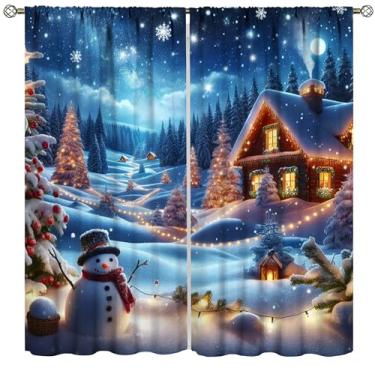 Imagem de Cortinas de Natal, boneco de neve de Natal, inverno, Ano Novo, cortinas para quarto, sala de estar, cozinha, janela, tratamento com 2 painéis, conjunto de 2 painéis, tamanho total 107 cm L x 114 cm C