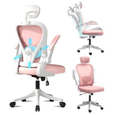 Imagem de Cadeira de Escritório Ergonômica, Equipado com Suporte Lombar Ajustável, Tela Respirável e Apoio de Cabeça Ajustável, Ideal para Longos Períodos de Trabalho Sentado (Branco e Rosa)