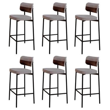 Imagem de Banqueta Alta Bar Estofada Kit 6 Ella M25 Linho Cinza Cl/café - Mpozenato