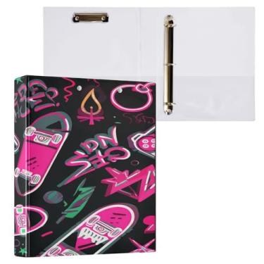 Imagem de Blueangle Fichário rosa com 3 anéis para skates com prancheta e 2 bolsos - Organizador de documentos decorativos de 3 cm para escritório, suprimentos para reuniões (114)