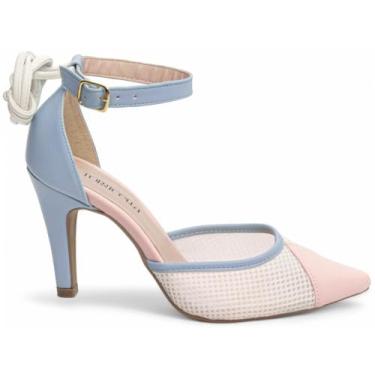 Imagem de SAPATO SCARPIN TORRICELLA NAPA AZUL NAPA ROSA TELA BRANCO FIVELA DE AJUSTE NA COR DOURADO TIRAS EM NÓSCOR BRANCO, NÚMERO 39