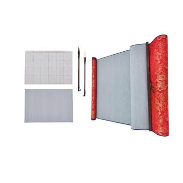Imagem de Ellkee 3 peças de pano reutilizável de caligrafia chinesa para escrever, 5 itens de caligrafia sem tinta, conjunto de papel para prática de caligrafia com 2 pincéis, pano de escrita à base de água
