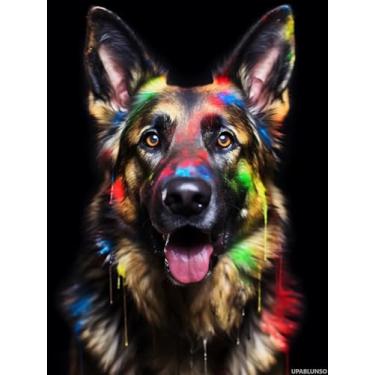 Imagem de UPABLUNSO Kits de pintura de diamante com rosto de pastor alemão colorido, pintura de diamante de cão pastor alemão, kits de arte de diamante redondo completo, decoração de parede de casa 30 x 40 cm