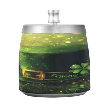 Imagem de JUZIHAI Cinzeiro verde de folhas de trevo com tampa, cinzeiro de aço inoxidável inodoro à prova de vento cinzeiro sem fumaça para escritório em casa, pátio, varanda, cigarro