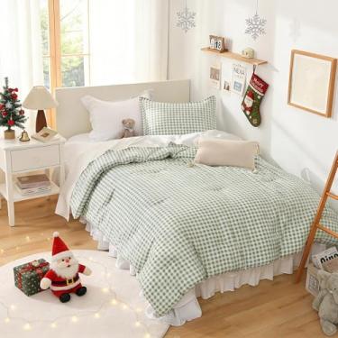 Imagem de Andency Jogo de cama solteiro com estampa de guingão sálvia (166 x 223 cm), xadrez verde quadriculado, búfalo, para meninas, meninos e crianças, adolescentes, 2 peças, roupa de cama leve de microfibra