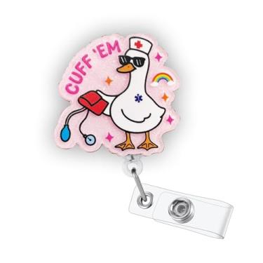 Imagem de Carretel de crachá de ganso engraçado Pink Cuff 'em, fofo, retrátil, médico, crachá, crachá de trabalho para RN LPN CNA MA, estudante de enfermagem, professor de enfermagem, presentes de enfermeira
