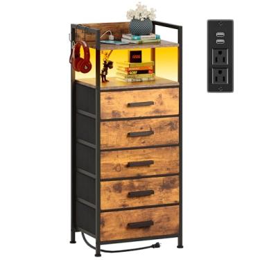 Imagem de Mesa de cabeceira com 5 gavetas com base de carregamento e luzes LED, mesa lateral com gavetas de tecido, mesa lateral com prateleira aberta com ganchos, cômoda alta para quarto, corredor, entrada