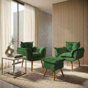 Imagem de Kit 2 Poltronas Decorativa e Puff Para Sala Recepção Manicure Consultório Quarto Closet Alice Tecido Suede (Verde)