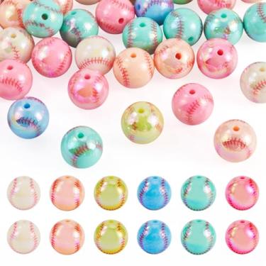 Imagem de Craftdady 30 contas de acrílico de beisebol iridescentes esportes contas de beisebol opacas de cores mistas contas espaçadoras de bola redonda 15,5 mm para colar, pulseira, chaveiros, acessórios de