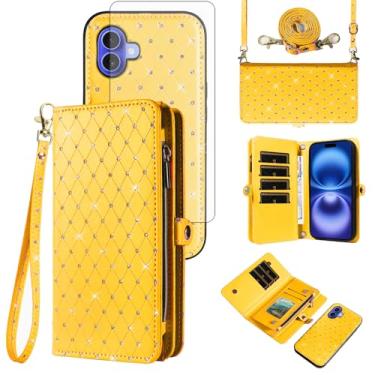 Imagem de Capa de celular para iPhone 16 Plus 6,7 polegadas com zíper carteira destacável com protetor de tela alça transversal alça flip glitter porta-cartão slot i Phone16 16+ i16 + 16Plus mulheres homens