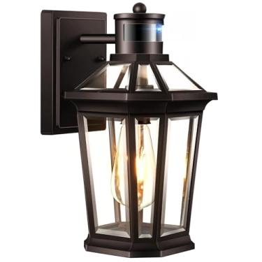 Imagem de VIANIS Luz de varanda com sensor de movimento do crepúsculo ao amanhecer bronze polido a óleo, moldura de alumínio antiferrugem, vidro temperado, 100% resistente às intempéries, fácil instalação