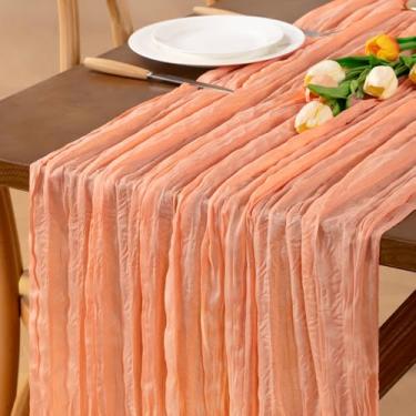 Imagem de Jimtx 3 peças Caminho de mesa de gaze de verão pêssego 55 × 30 cm toalha de mesa de gaze boho rústica para casamento, bebê, chá de panela, aniversário, festa em casa, decorações de formatura