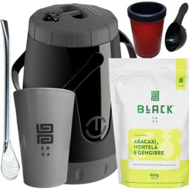Imagem de BLACK ERVA, Kit Tereré Black Erva Mate 500g Garrafa Pávia Lisa 2,5L Copo Acrílico Cinza Bomba de Ferro Cromada (ABACAXI H G)