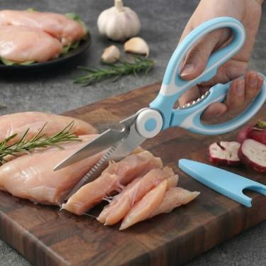 Imagem de Tesoura de cozinha multiuso – Tesoura de cozinha de aço inoxidável resistente para carne, aves, peixe, legumes, ervas, tesouras afiadas multiuso, podem ser lavadas na lava-louças, azul