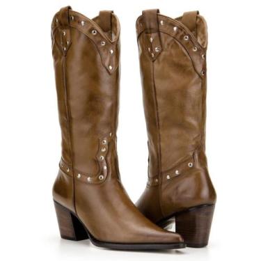 Imagem de Bota Feminina Cano Longo Texana Couro Bico Fino Capeli Boots Mocassim 