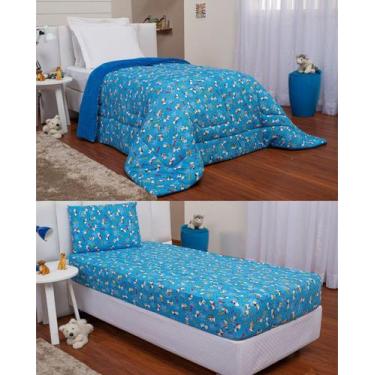 Imagem de Kit Edredom Solteiro Dupla Face e Lençol Dalmatas Malha Azul Royal - C