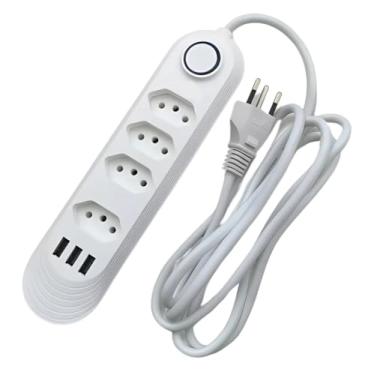 Imagem de Extensão Elétrica | Filtro De Linha Com Cabo De 2 Metros | Com 4 Tomadas e 3 Entradas USB | Tripolar | Bivolt | Extensão Tomada Com Botão Liga E Desliga