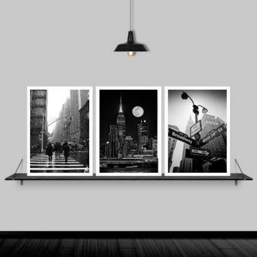 Imagem de Kit 3 Quadros Fotografias New York 45X34Cm Moldura Branca
