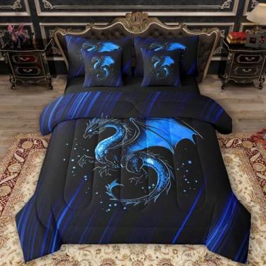 Imagem de Feelyou Conjunto de edredom de dragão azul e preto, tamanho casal – 7 peças, para meninos, meninas, cama de dragão chinês em uma bolsa com edredom, lençóis, fronhas e capa de almofada