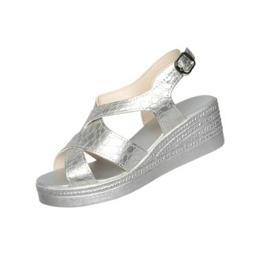 Imagem de Sandálias femininas Peep Toe com sola plataforma para uso casual na praia design de salto confortável, Prata, 35