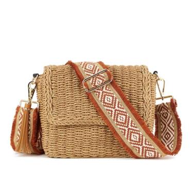 Imagem de Bolsa tiracolo feminina de verão trançada de palha com corrente de borla, alça de ombro ajustável, bolsa de praia tecida, Marrom (5 cm), cor 86, Tendência
