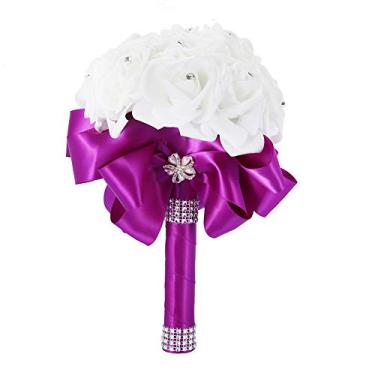 Imagem de Buquê de noiva artificial flores romântico fita de strass decorado buquê de casamento para noivas festa de casamento igreja decoração de casa rosa azul vermelho roxo branco leite (Roxa)