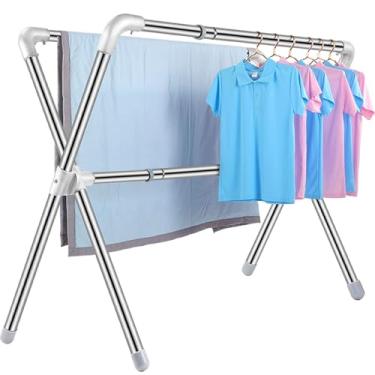 Imagem de Escorredor de roupas dobrável de aço inoxidável resistente - Rack retrátil de 2,4 m para uso interno/externo, à prova de vento com 20 ganchos e 12 clipes para máxima eficiência de secagem