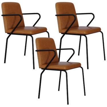 Imagem de Kit 03 Cadeiras Estofada Para Sala De Jantar Com Braço Loft Preto C01 Courino Caramelo - Lyam Decor