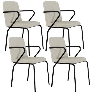 Imagem de Kit 04 Cadeiras Estofada Para Sala De Jantar Com Braço Loft Preto C01 Bouclê Vanilla - Lyam Decor