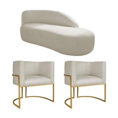Imagem de Kit Divã Luna 140cm Lado Direito E 02 Poltronas Base De Ferro Dourado Bouclé Bege