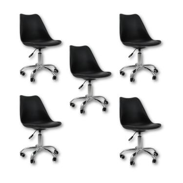 Imagem de Kit 5 Cadeiras Office Base Cromada Com Rodízio Giratória Saarinen Preto