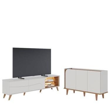 Imagem de Rack Bancada Amalfi Com Pés Em Madeira E Aparador Buffet Jurerê Off White Matte Freijó - Colibri