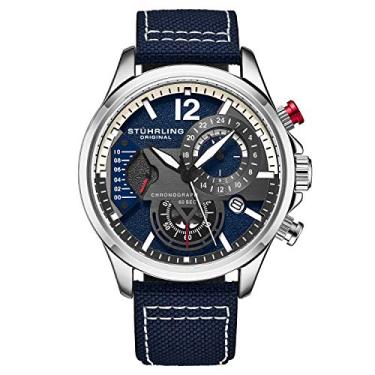 Imagem de Stuhrling Relógio masculino original – Relógio aviador com pulseira de couro para homens com data 24 horas e submostrador cronógrafo esportivo, Azul, Bandido