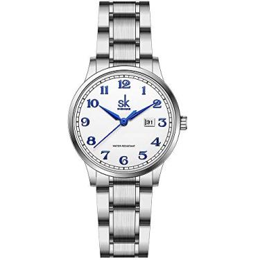 Imagem de SK Relógio clássico feminino executivo com pulseira de aço inoxidável e couro genuíno elegante relógio calendário feminino, Número arábico - pulseira de aço prata