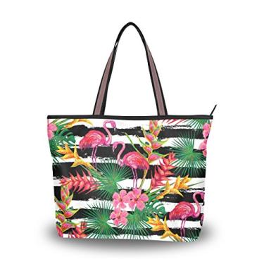 Imagem de Bolsa de ombro My Daily feminina tropical flamingo, folhas de palmeira, flores listradas, Multi, Medium