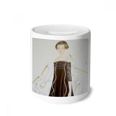 Imagem de DIYthinker Beauty Egrets caixa de dinheiro em aquarela estilo chinês porta-moedas de cerâmica presente de cofrinho