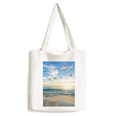 Imagem de Sacola de lona com imagem de pássaro e praia oceano, bolsa de compras casual