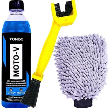 Imagem de Moto-v Shampoo Desengraxante Para Lavar Motos Vonixx 500ml Luva de microfibra Escova corrente Detailer