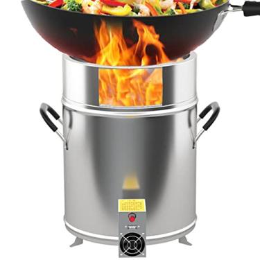 Imagem de Fogão a lenha com suporte de panela de aço inoxidável e fogão compacto fogão de acampamento portátil para mochilão, acampamento e sobrevivência com ventilador USB, prata, 25 x 33 cm