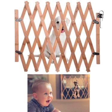 Imagem de Portao Pet Retratil Cachorro Criança Bebe Grade Bambu Ajustavel Cercadinho Barramento Previne Quedas Acidentes