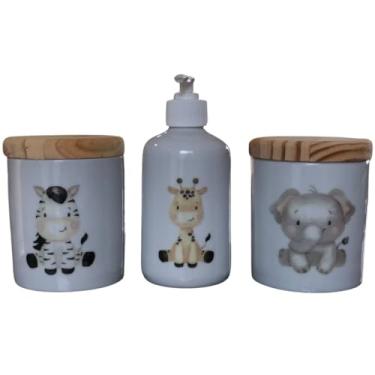 Imagem de Kit Higiene Bebê 3 peças Safari Porta álcool e potes - Porcelana Tampa Pinus