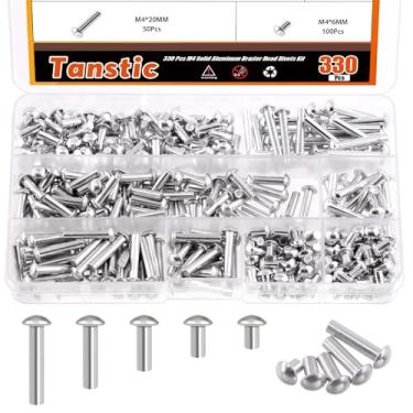 Imagem de Tanstic Rebites de cabeça de braseiro de alumínio sólido M4, 330 peças, 6 mm, 10 mm, 14 mm, 20 mm, 25 mm, comprimento, rebites de alumínio sólido para máquinas automotivas